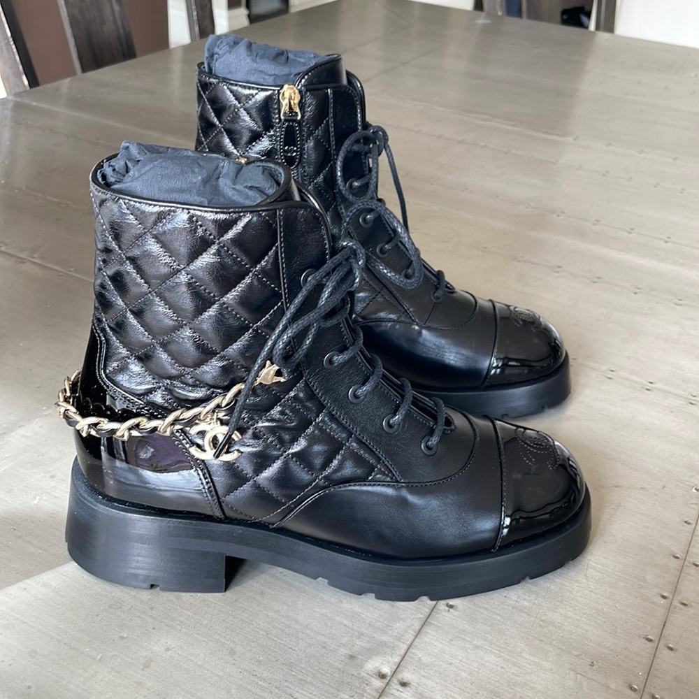 Chanel sold out quilted black leather patent gold chain military combat boot 39